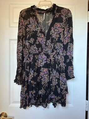 Floral Ruffle V-Neck Mini Dress in Black with Purple Accents